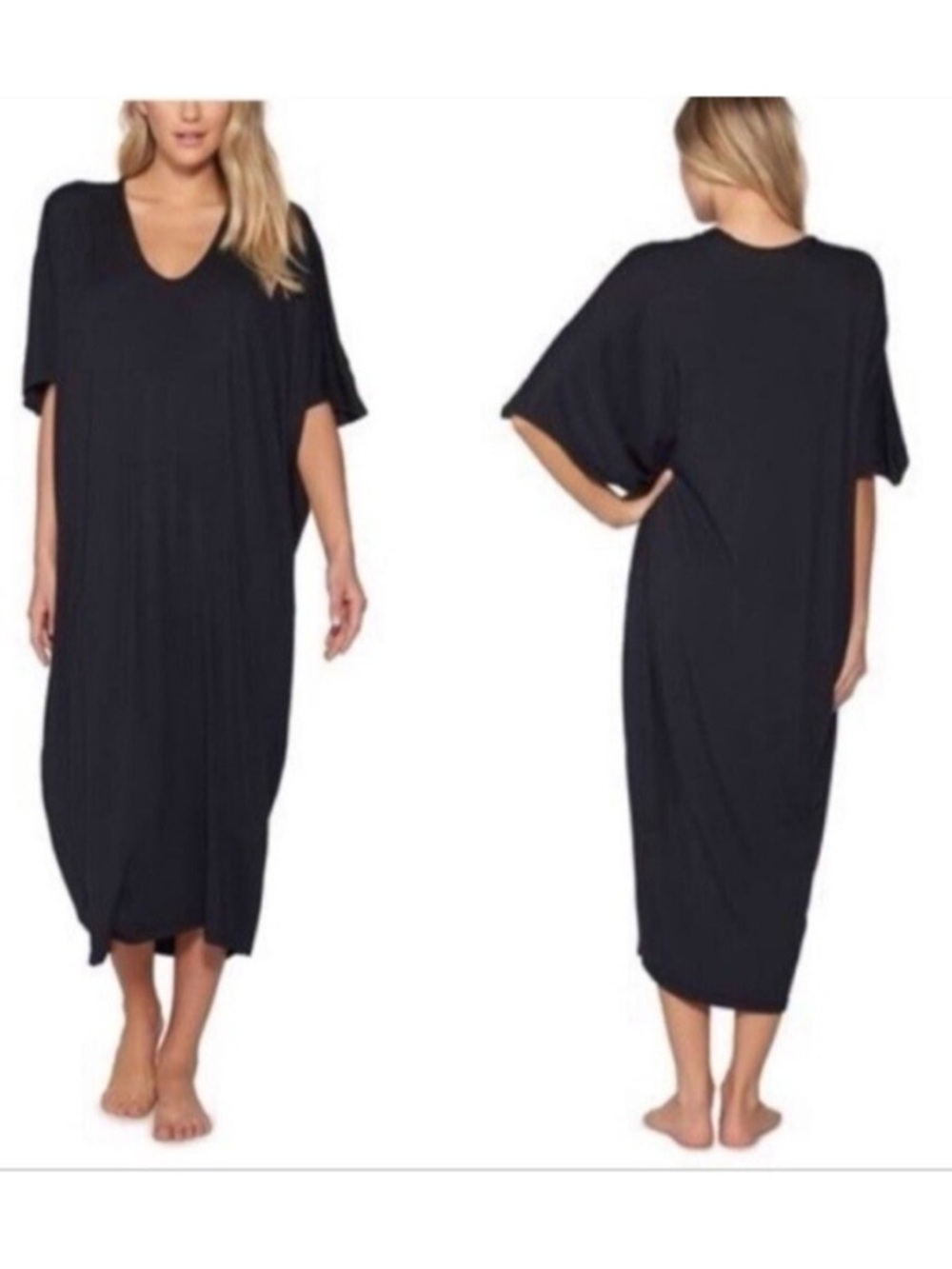 Barefoot Dreams Luxe Milk Jersey Caftan Dress Black Nightgown Oversized One Size - Picture 12 of 13